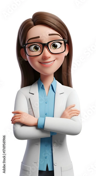Obraz Cartoon female scientist wearing glasses and lab coat, arms crossed, isolated on transparent background