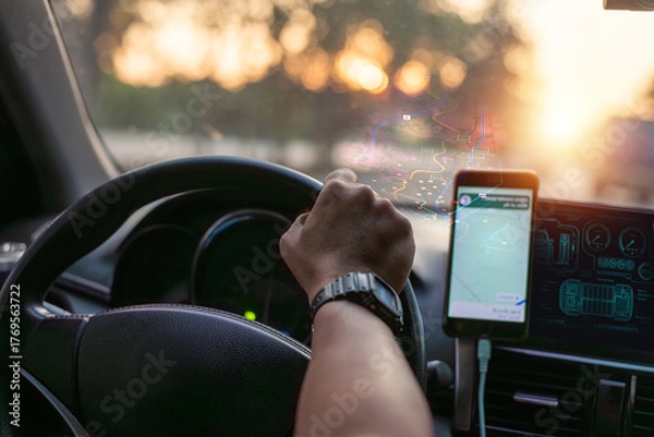 Fototapeta Person driving a car at sunset while using a smartphone GPS navigation app on the dashboard for real-time route guidance and travel direction.
