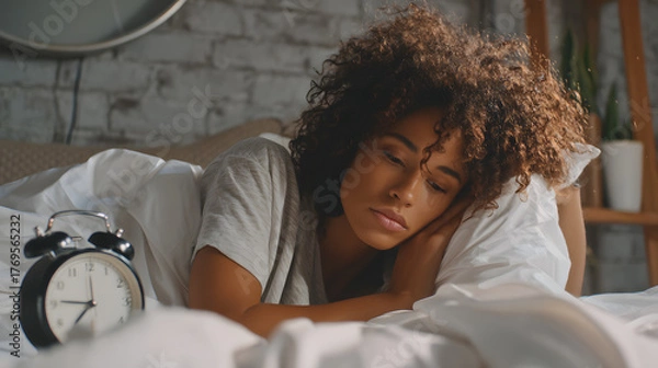 Fototapeta Young Woman Resting in Bed with Soft Bedding and Alarm Clock, Embracing a Peaceful Morning Atmosphere