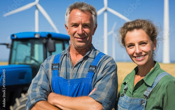 Fototapeta Portrait of rural people on the field with tractor in summer day