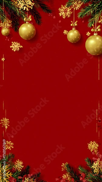 Obraz Red festive Christmas background with shiny baubles, pine branches, and glitter decorations creating a joyful holiday atmosphere