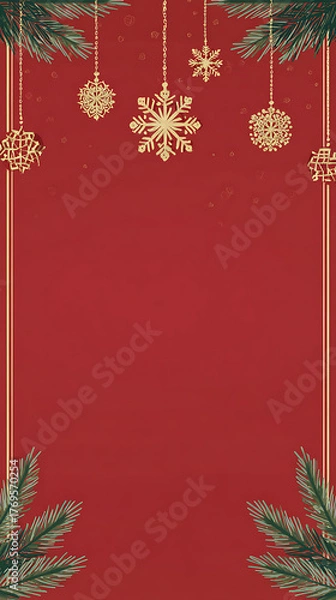 Obraz Red festive Christmas background with shiny baubles, pine branches, and glitter decorations creating a joyful holiday atmosphere