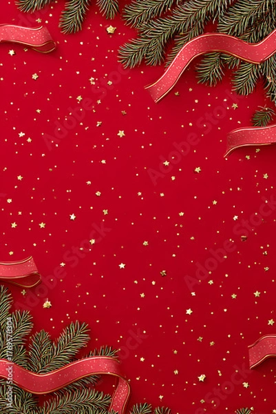 Obraz Red festive Christmas background with shiny baubles, pine branches, and glitter decorations creating a joyful holiday atmosphere