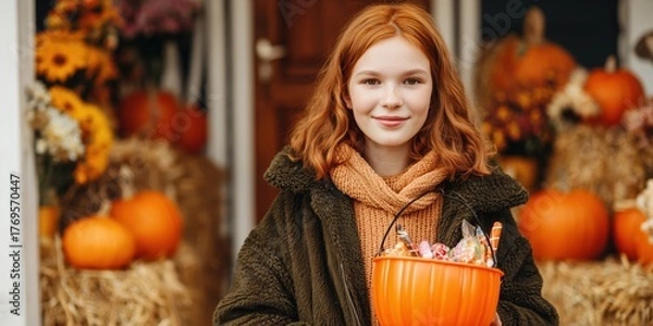 Obraz Realistic photo of a smiling red-haired girl in autumn clothes holding a pumpkin-shaped bucket full of candies. Festive Halloween atmosphere with pumpkins, hay, and flowers creating a cozy seasonal