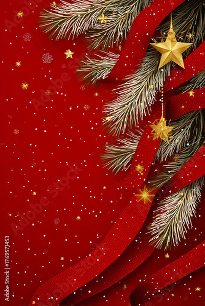 Obraz Red festive Christmas background with shiny baubles, pine branches, and glitter decorations creating a joyful holiday atmosphere