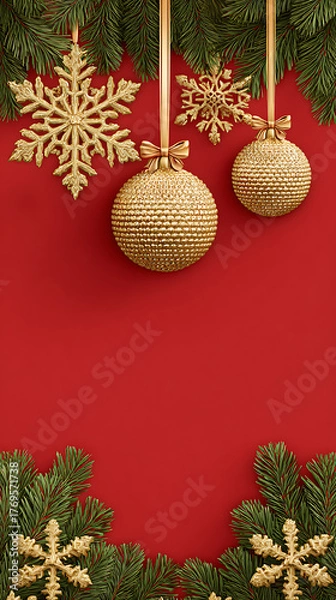 Obraz Red festive Christmas background with shiny baubles, pine branches, and glitter decorations creating a joyful holiday atmosphere
