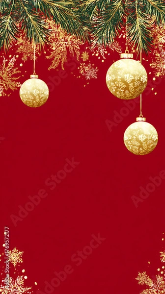 Obraz Red festive Christmas background with shiny baubles, pine branches, and glitter decorations creating a joyful holiday atmosphere