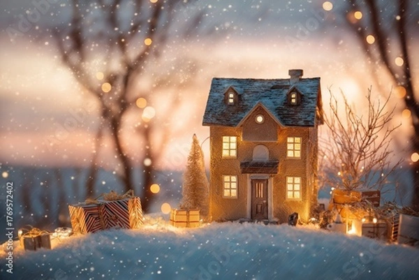 Obraz Christmas banner with decorative country house, fairytale tree, magic garlands and bokeh, sunset background, perfect for family holiday greetings or real estate promotions, house as ultimate present