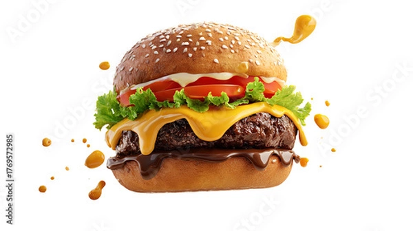 Obraz big fresh burger with cheese and bacon isolated on white background