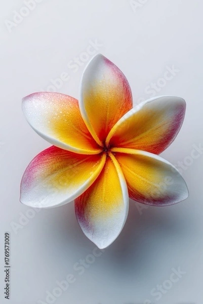 Obraz Fiore di plumeria sbocciato, bianco, giallo e rosa, in primo piano, su sfondo chiaro