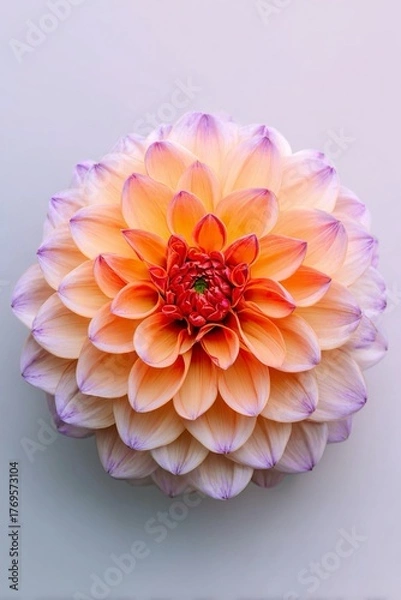 Obraz Ripresa dall'alto e minimalista di un fiore di dalia sfumato di arancio, giallo e lilla, su sfondo chiaro.