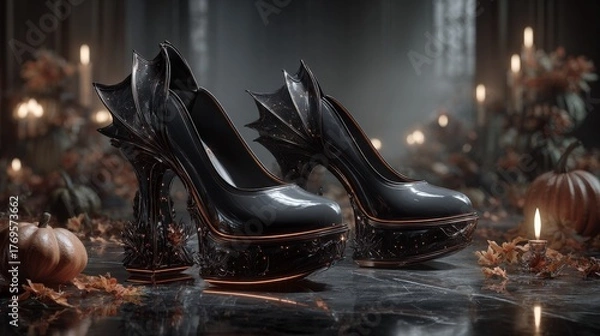 Fototapeta Black sculptural high heels with bat wing design. Surrounded by pumpkins and autumn leaves. Halloween costumes and parties