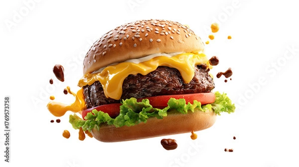 Obraz big fresh burger with cheese and bacon isolated on white background