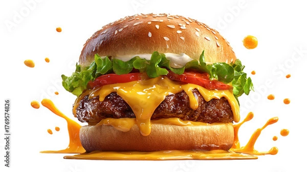 Obraz big fresh burger with cheese and bacon isolated on white background