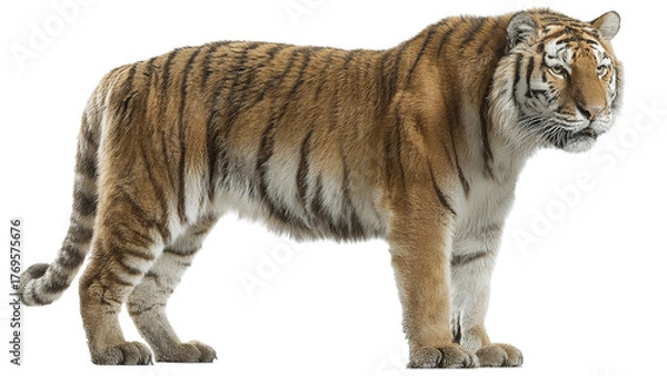 Fototapeta majestic bengal tiger poised in profile, showcasing its striking orange fur and bold black stripes on a transparent background