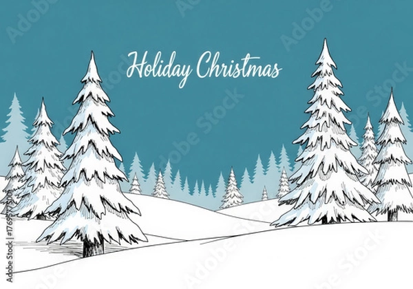 Fototapeta Christmas card. Illustration of sketched snow covered Christmas trees