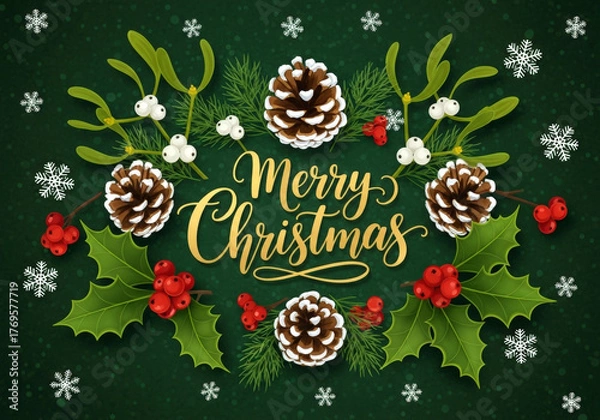 Fototapeta Merry Christmas Greeting Card with Mistletoe Branches, Pinecones, Holly Leaves, Berries and Snowflakes