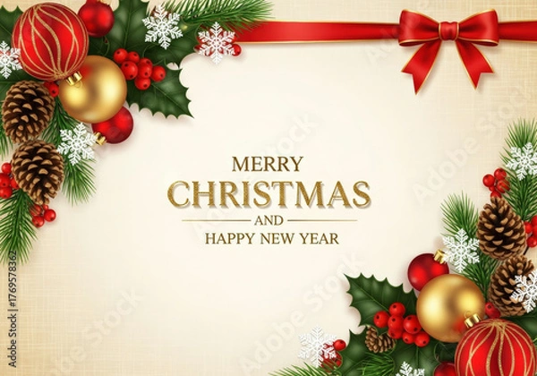 Fototapeta Christmas greeting card with christmas decorations and text Merry Christmas and Happy New Year
