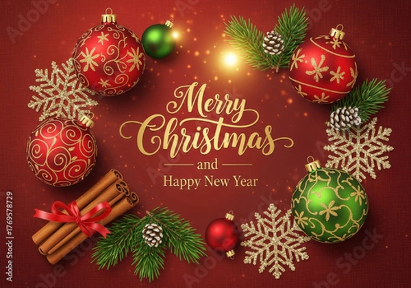 Fototapeta Christmas greeting card with christmas decorations and text Merry Christmas and Happy New Year