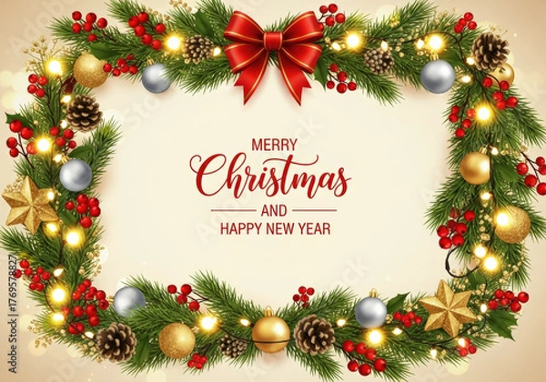 Fototapeta Christmas greeting card with christmas decorations and text Merry Christmas and Happy New Year