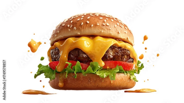 Obraz big fresh burger with cheese and bacon isolated on white background