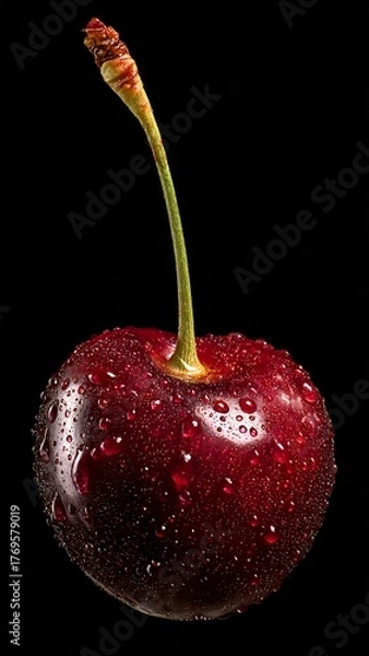 Obraz Fresh red cherry with water drops isolated on black background