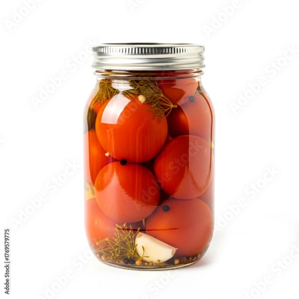 Fototapeta Pickled red tomatoes in jar on a white background