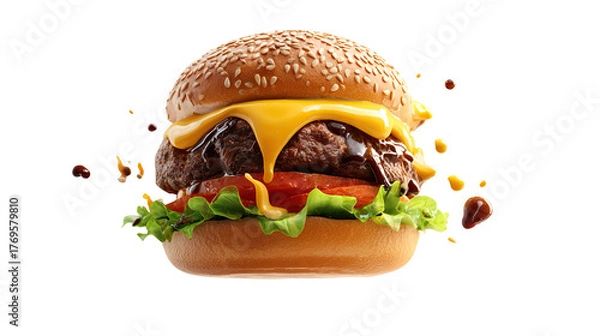 Fototapeta big fresh burger with cheese and bacon isolated on white background