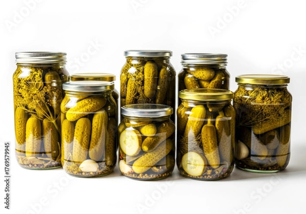 Fototapeta Pickled cucumbers in jars on a white background