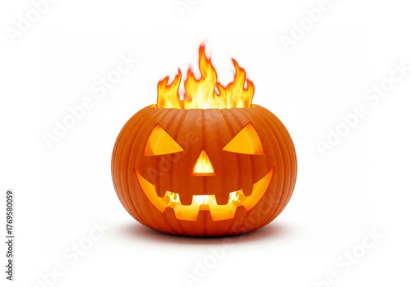 Fototapeta Grinning jack-o'-lantern with flickering flames emanating from the top and inside on a white background