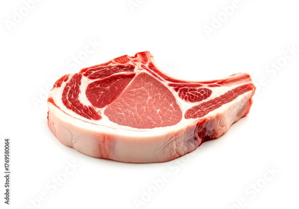 Fototapeta Pork chop, meat preparation, meat cutting and food industry ingredient, cut of pork meat on a white background