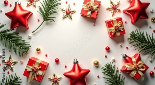 Fototapeta Christmas decorations and gifts arranged on a white surface christmas background copy space