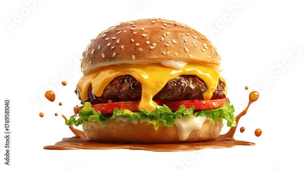 Obraz big fresh burger with cheese and bacon isolated on white background