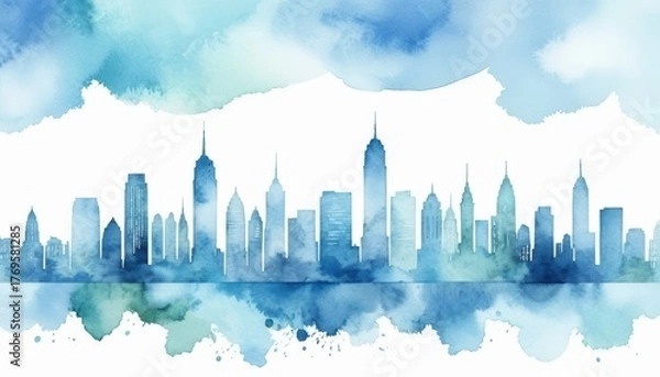 Fototapeta Watercolor city skyline with blue and green abstract paint splatters reflecting below