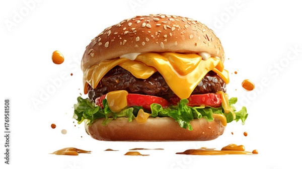 Obraz big fresh burger with cheese and bacon isolated on white background