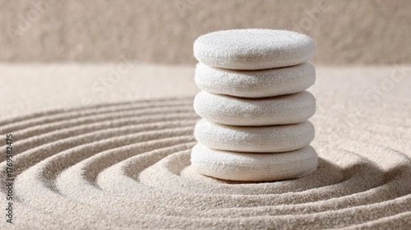 Fototapeta Stacked White Stones on Sand in Zen Garden Style with Gentle Ripple Patterns and Balance