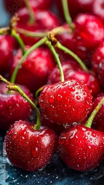 Obraz Fresh red cherries with water drops on dark wet surface