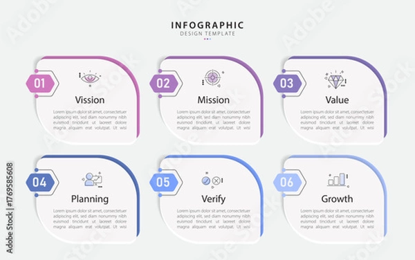 Fototapeta Infographic template. 6 Step timeline journey, Flat simple infographics design template. presentation graph. Business concept with numbers 6 options or steps vector illustration.