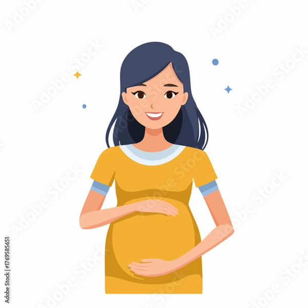 Obraz Happy pregnant woman tenderly holding her baby bump. A charming vector illustration of maternity, expectation, and new beginnings