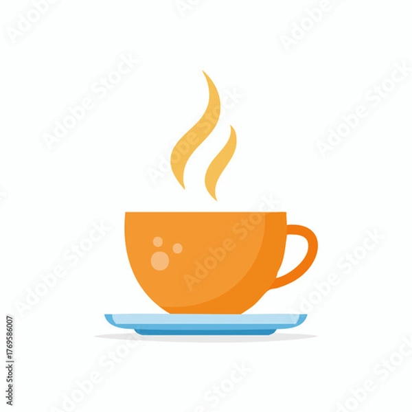 Obraz Orange cup of hot drink with steam rising, on a blue saucer, simple design, ideal for a coffee shop