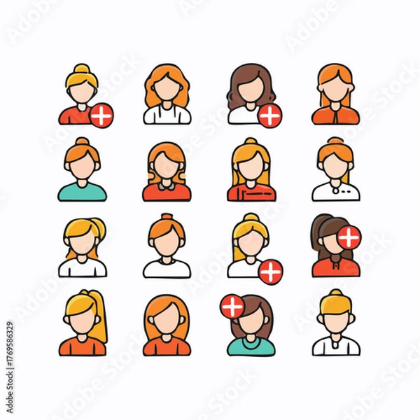Fototapeta Set of female user avatar icons with an add friend or new member symbol. Collection of colorful woman profile pictograms for social media and user interface design