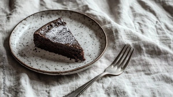 Fototapeta A halfeaten slice of chocolate cake on a handmade ceramic dish with cake crumbs and a silver fork beside it