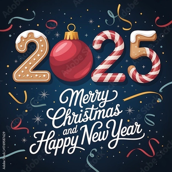 Fototapeta Festive 2025 merry christmas and happy new year greeting with ornaments and confetti