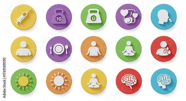 Fototapeta Set of round icons representing health wellness fitness and science