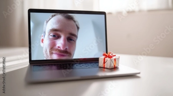 Fototapeta Smiling Man On Laptop Video Call With Gift Box On Keyboard In Home Office