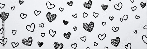 Fototapeta Charming hand drawn love heart doodle sketch in black and white. This drawing on paper background creates romantic pattern, evoking sweet and affectionate feeling