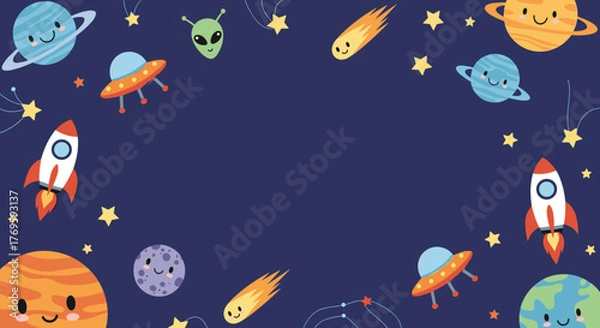 Fototapeta Cute cartoon space elements including planets, rockets, aliens, and flying saucers against a dark blue background.