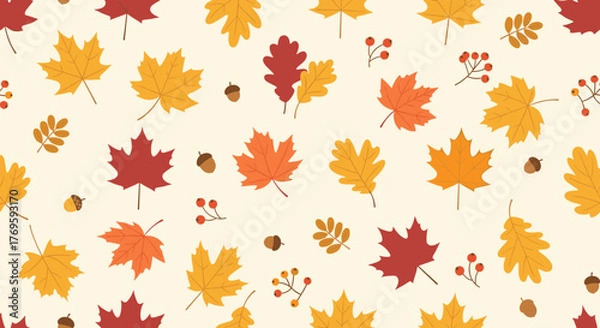 Fototapeta Seamless pattern of autumn leaves, acorns and berries on a cream background.