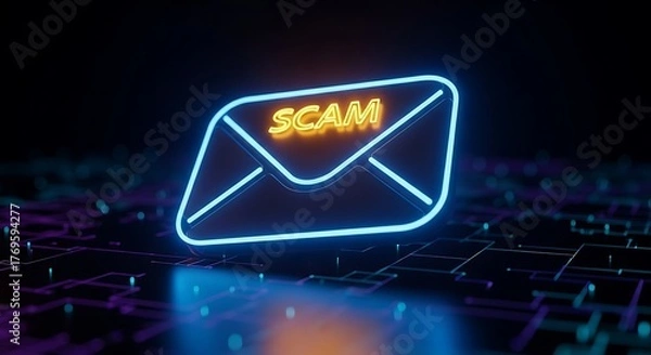 Fototapeta Neon scam email glowing on a dark digital background, symbolizing online fraud and cyber threats.