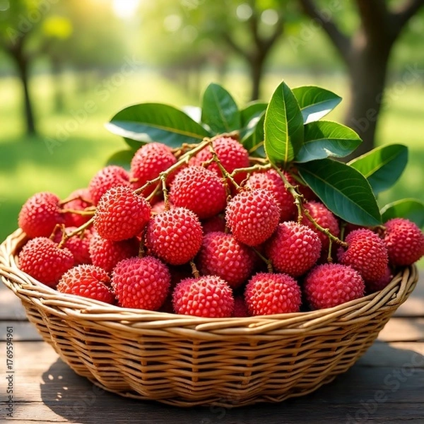 Obraz Basket of ripe lychees in orchard under sunlight